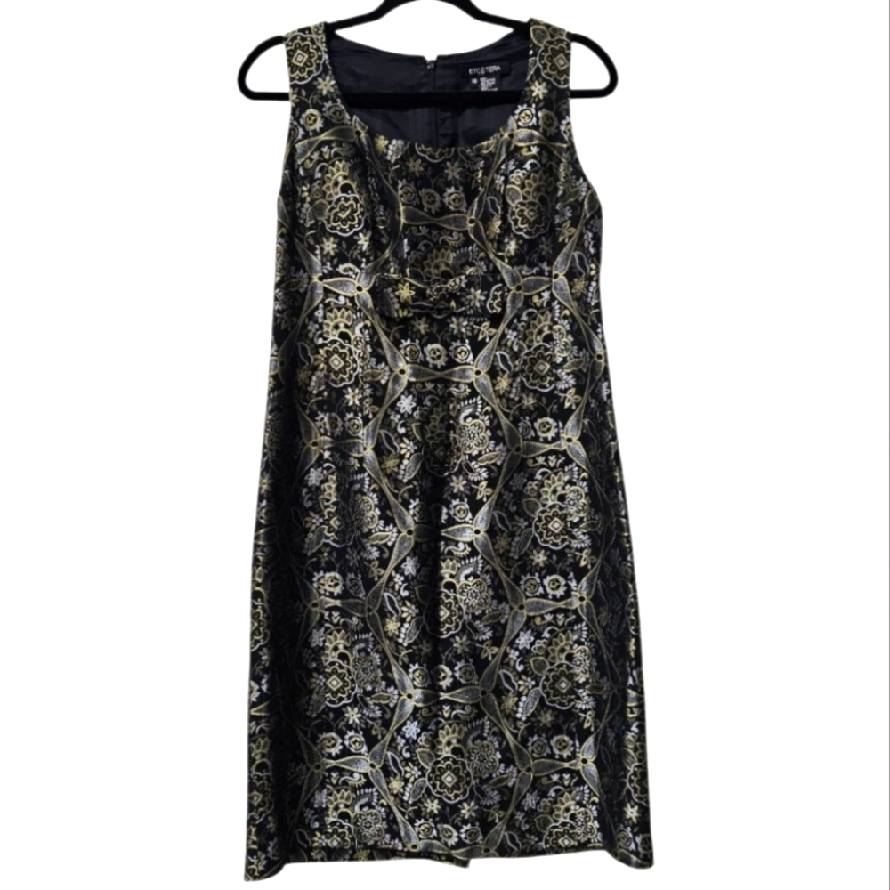 Ecetera Black Metallic Multi Jacquard Print 60's Style Babydoll Bow Fitted Dress